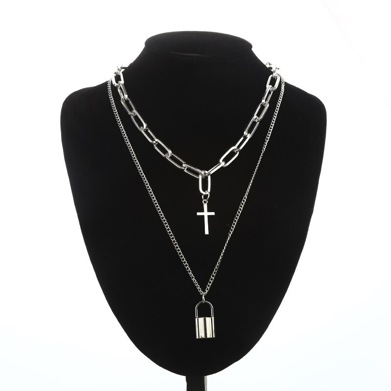 Aesthetic Chain Punk Necklace for and / Square Lock Cross Pendants / Grunge Goth Accessories