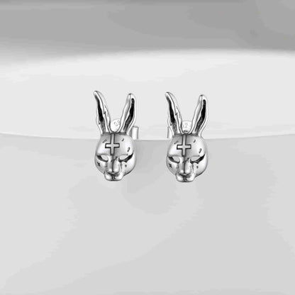 Halloween Silver Evil Bunny Stud Earrings for