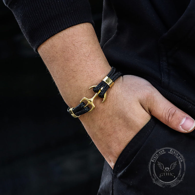 Anchor Buckle Braided Leather Stainless Steel Bracelet