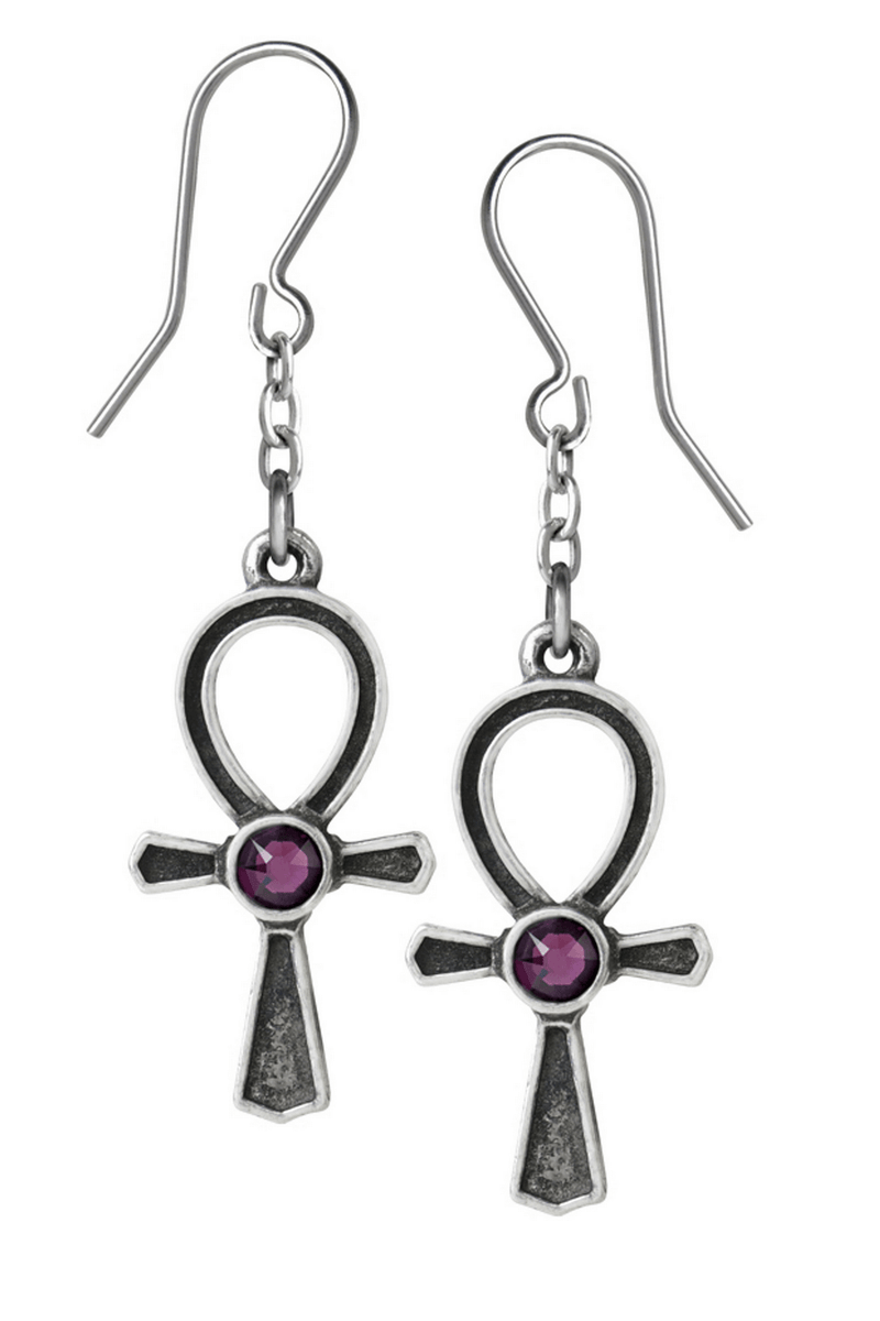 Ankh Earrings With Amethyst Gemstone and Chain Drop