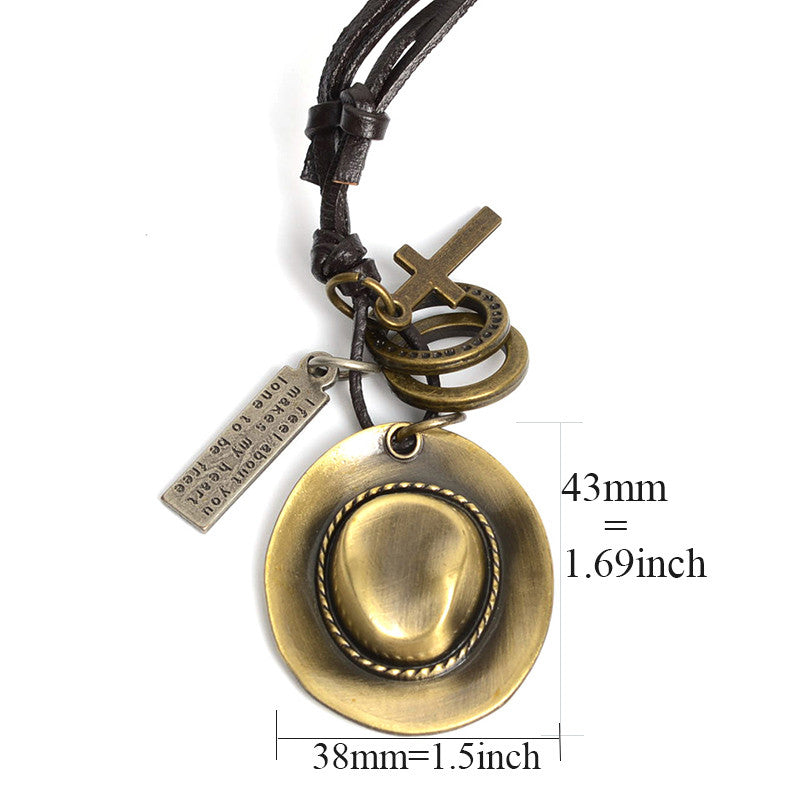 Antique Cowboy Hat Leather Rope Pendant Necklaces / Western Style Accessories