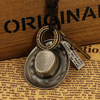 Antique Cowboy Hat Leather Rope Pendant Necklaces / Western Style Accessories