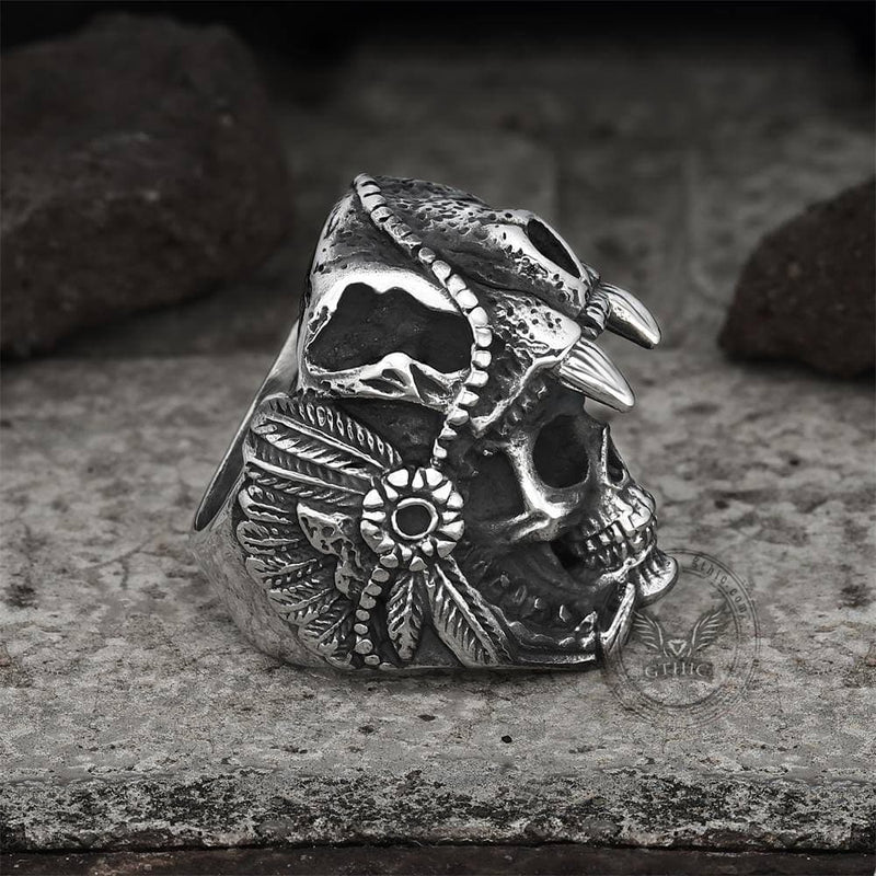 Aztec Jaguar Warrior Stainless Steel Skull Ring