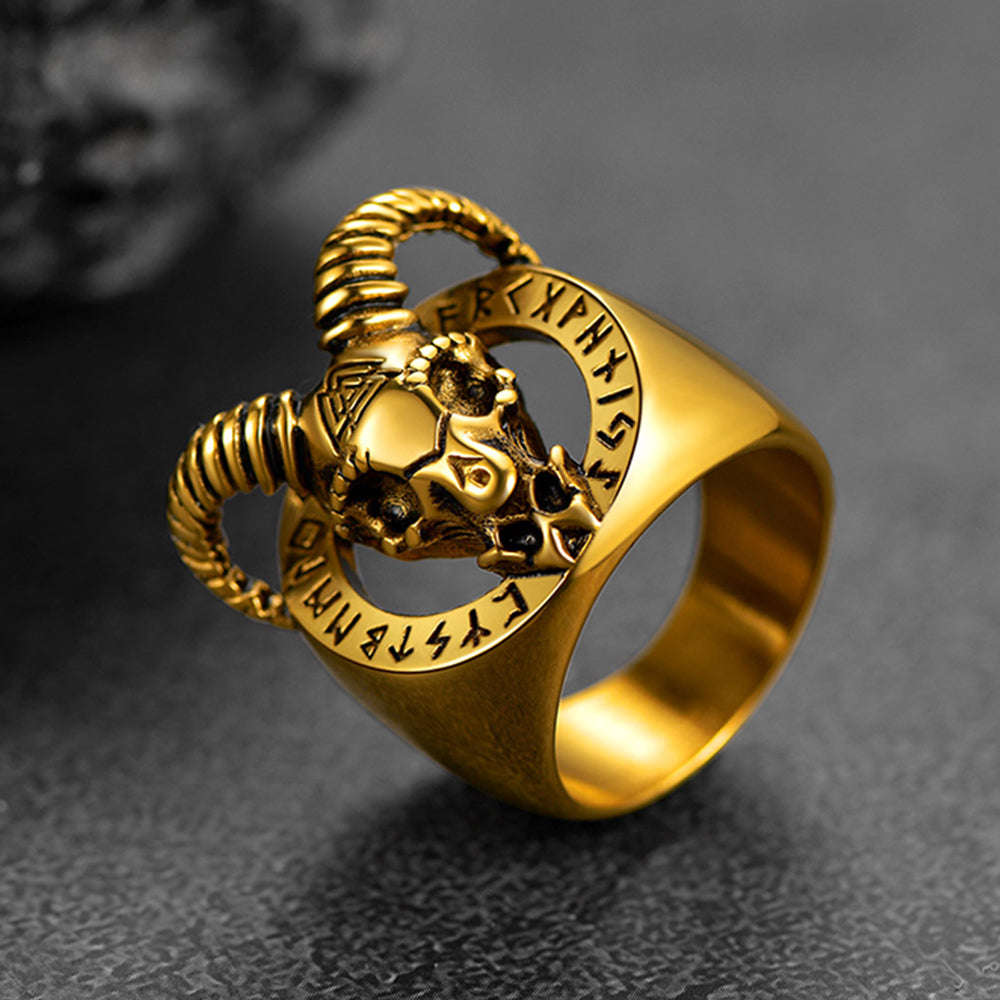 Satanic Goat Skull Ring With Viking Runes for