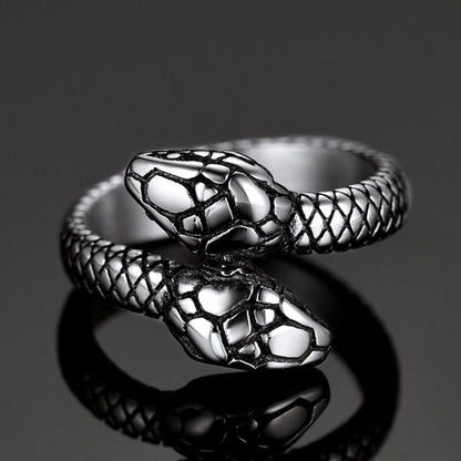 Biker Double Head Snake Stainless Steel Ring for