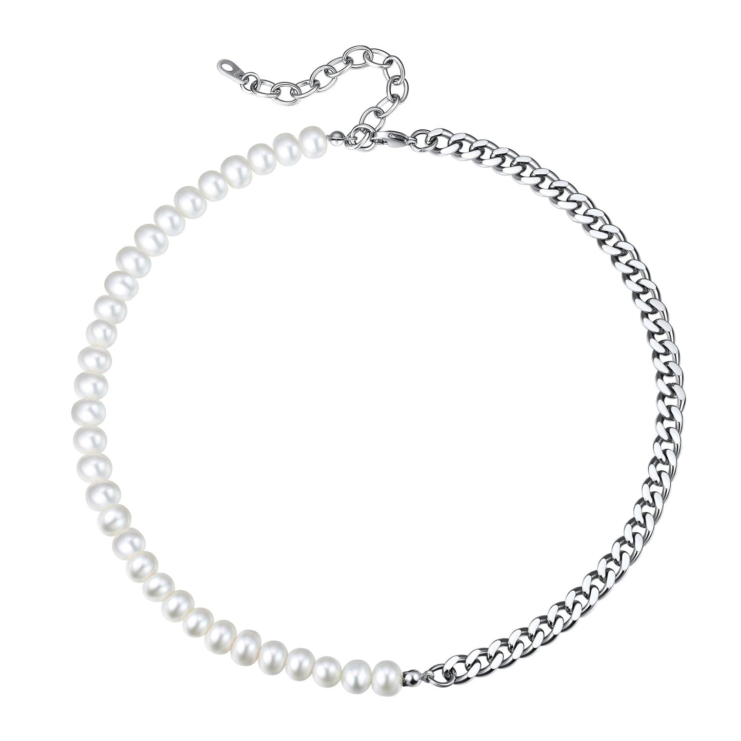 Half 8mm White Pearl and Half 7mm Cuban Link Chain Choker Necklace