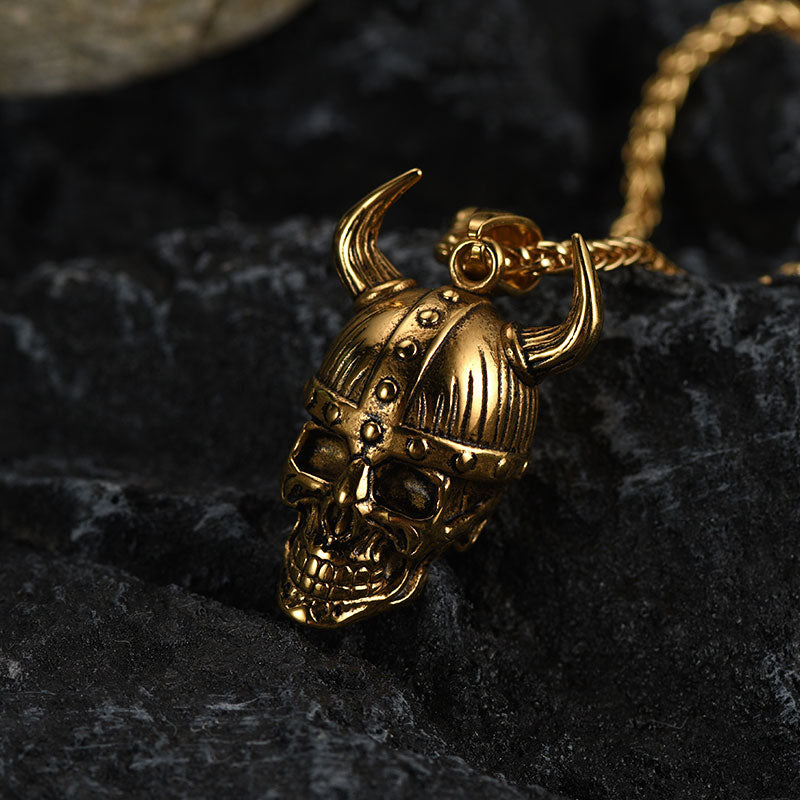 Viking Helmet Skull Pendant Necklace for