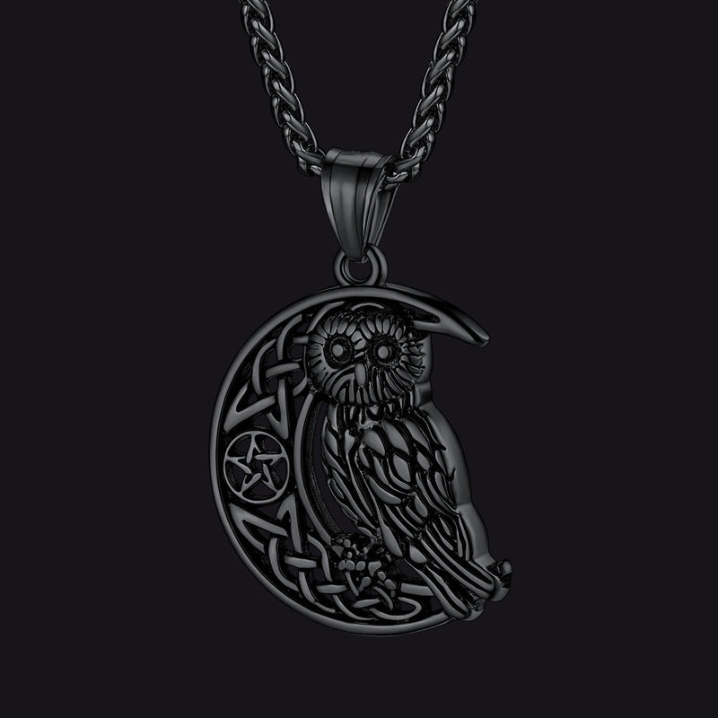 Viking Celtic Crescent Moon Owl Necklace for