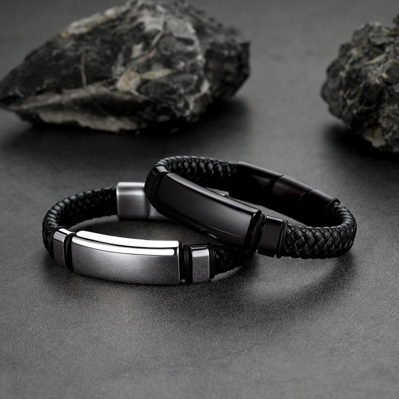 Custom Braided Black Engraved Leather Bracelet Cuff for