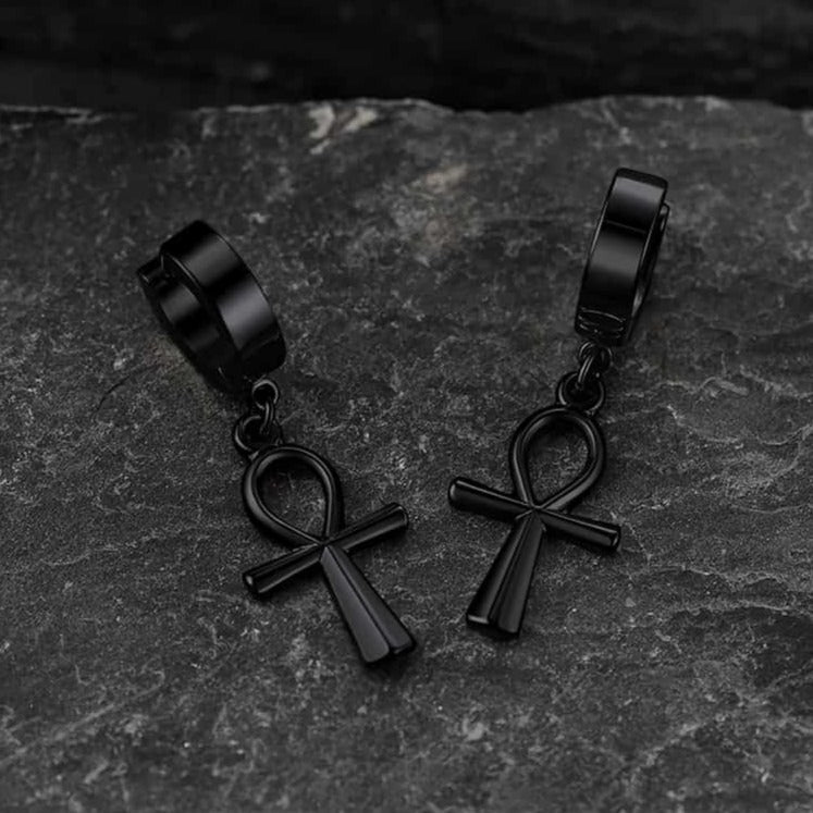 Ankh Cross Dangle Hoop Earrings for