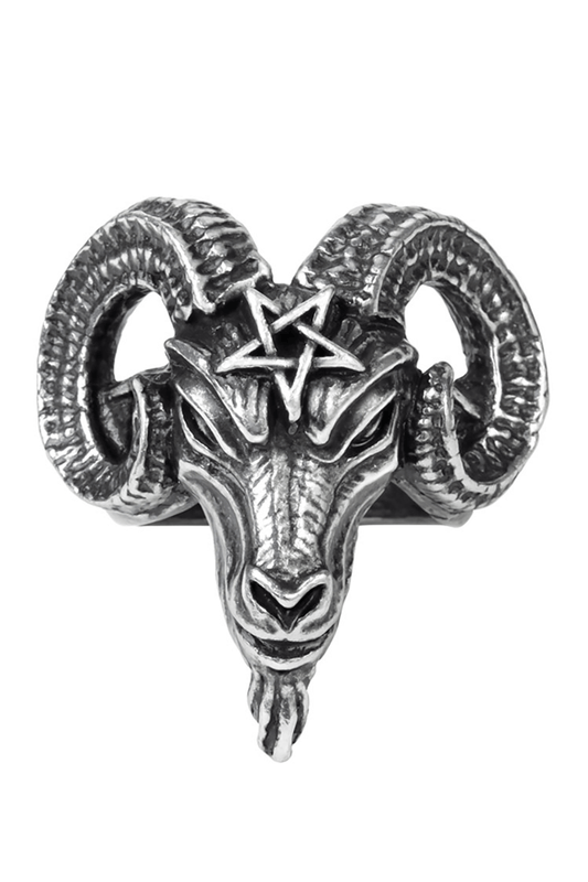 Baphomet Goat Head Ring With Pentagram Detail in Pewter