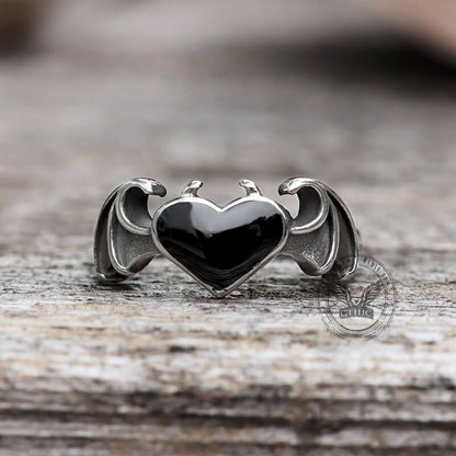 Bat and Heart Stainless Steel Gothic Ring