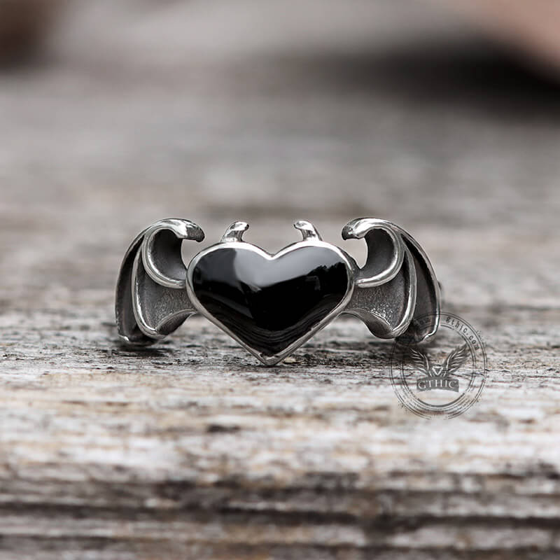 Bat and Heart Stainless Steel Gothic Ring