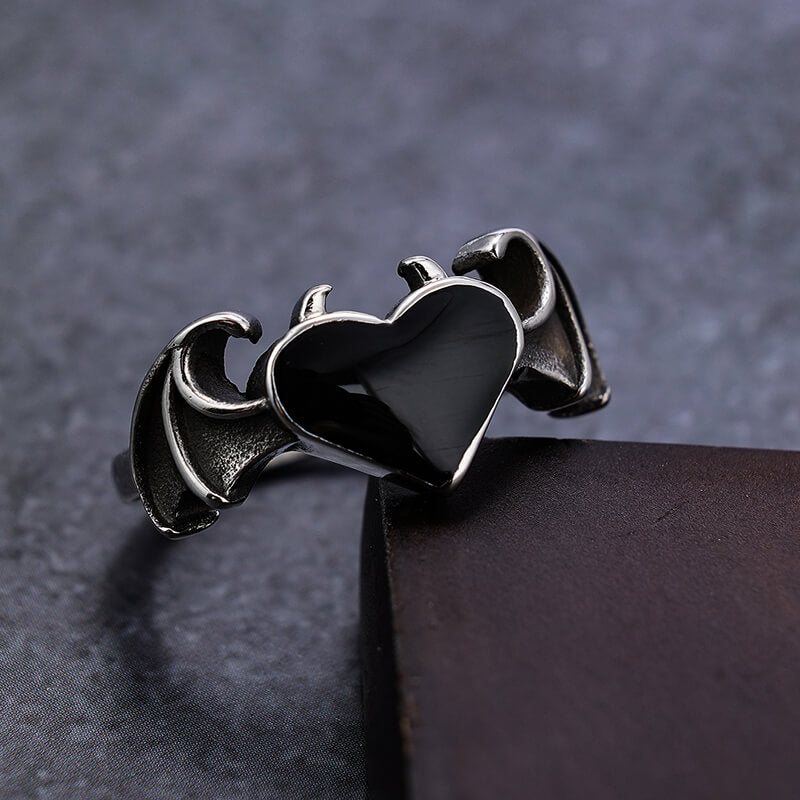 Bat and Heart Stainless Steel Gothic Ring