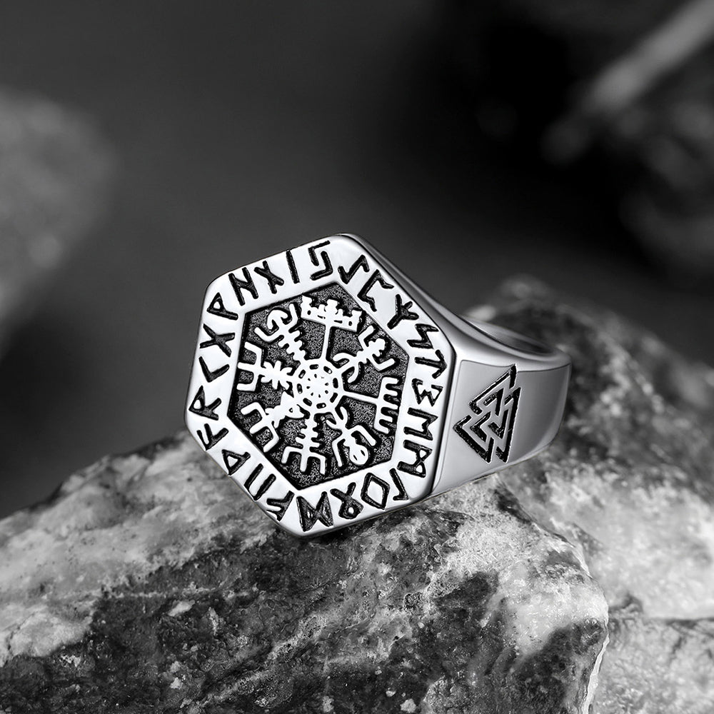 Viking Hexagon Compass Ring With Runes for