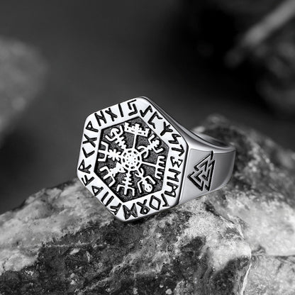 Viking Hexagon Compass Ring With Runes for