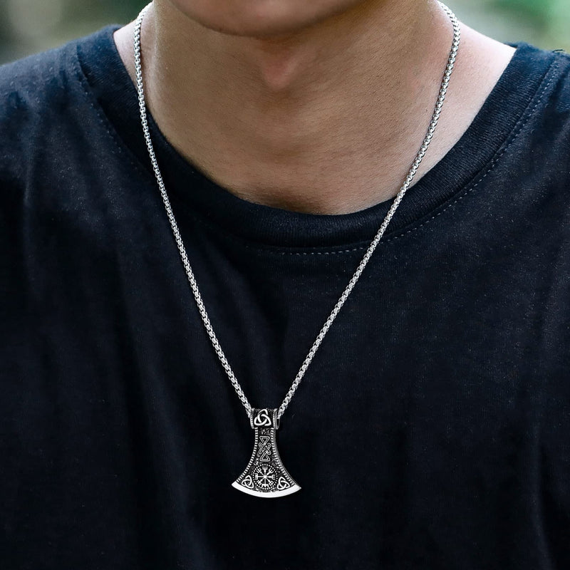 Battle Axe Viking Pendant Necklace With Compass for