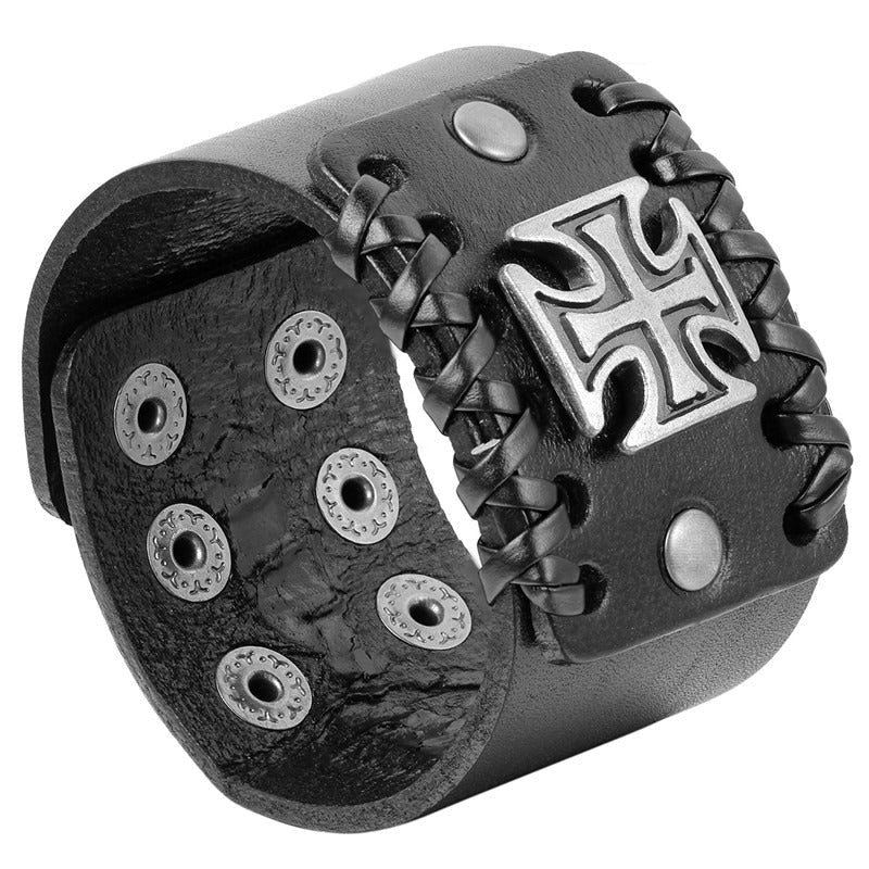 Rock 4.4cm Wide Brown and Black Leather Bracelet With Celtic Cross on Front