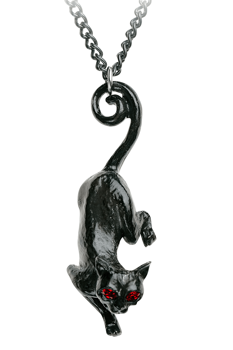 Black Cat Gothic Pendant With Red Crystal Eyes