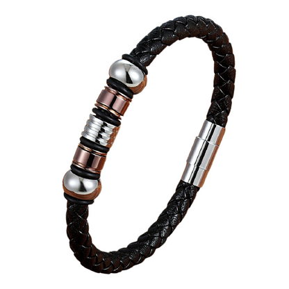 Black Genuine Leather Bracelet / Stainless Steel Magnetic Clasp Bracelet