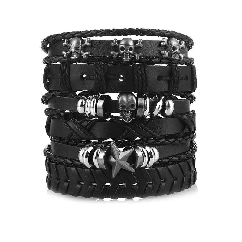 Black Leather Bracelet in Rock Style With Skull & Star Wristband Set of 6 Pcs