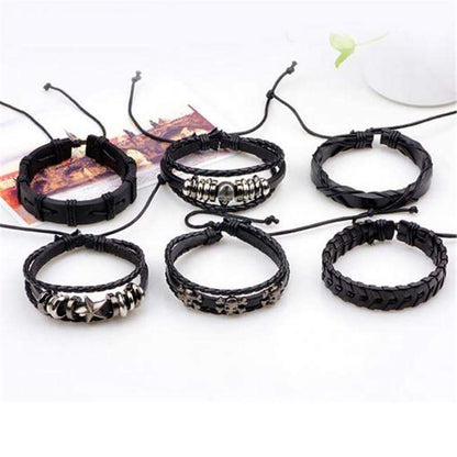 Black Leather Bracelet in Rock Style With Skull & Star Wristband Set of 6 Pcs