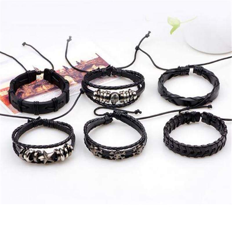 Black Leather Bracelet in Rock Style With Skull & Star Wristband Set of 6 Pcs