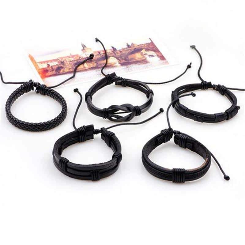 Black Leather Bracelet & Wristband in Rock Style Set of 5 Pcs