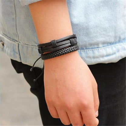 Black Leather Bracelet & Wristband in Rock Style Set of 5 Pcs