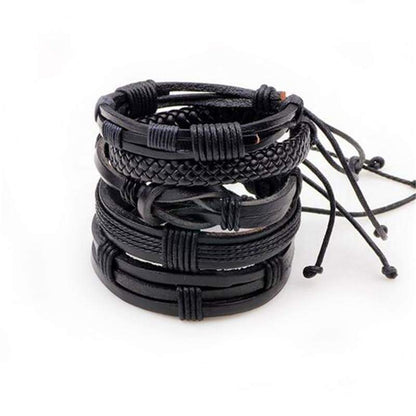 Black Leather Bracelet & Wristband in Rock Style Set of 5 Pcs