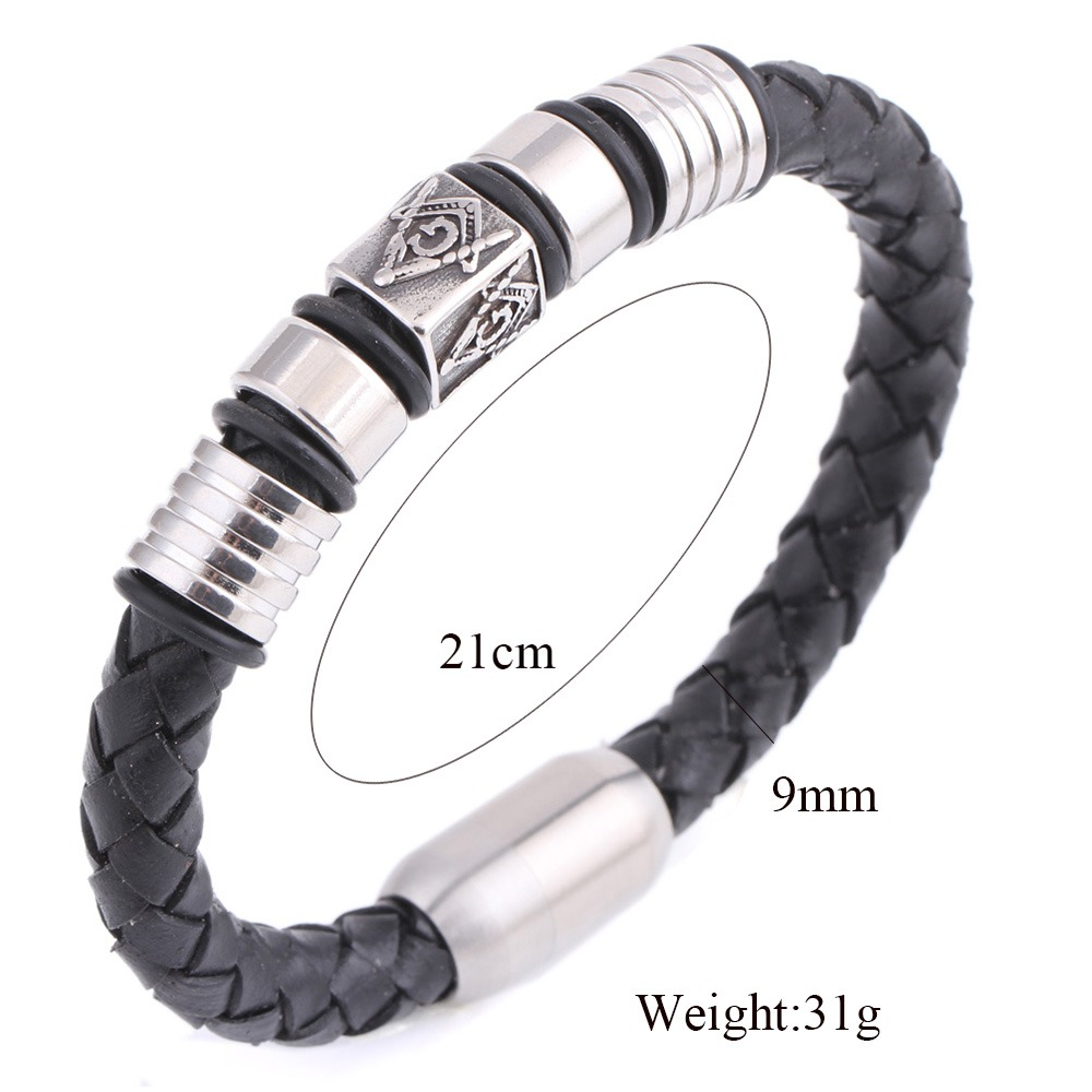 Black Leather Masonic Bracelet / Stainless Steel Magnet Bangle / and Jewelry