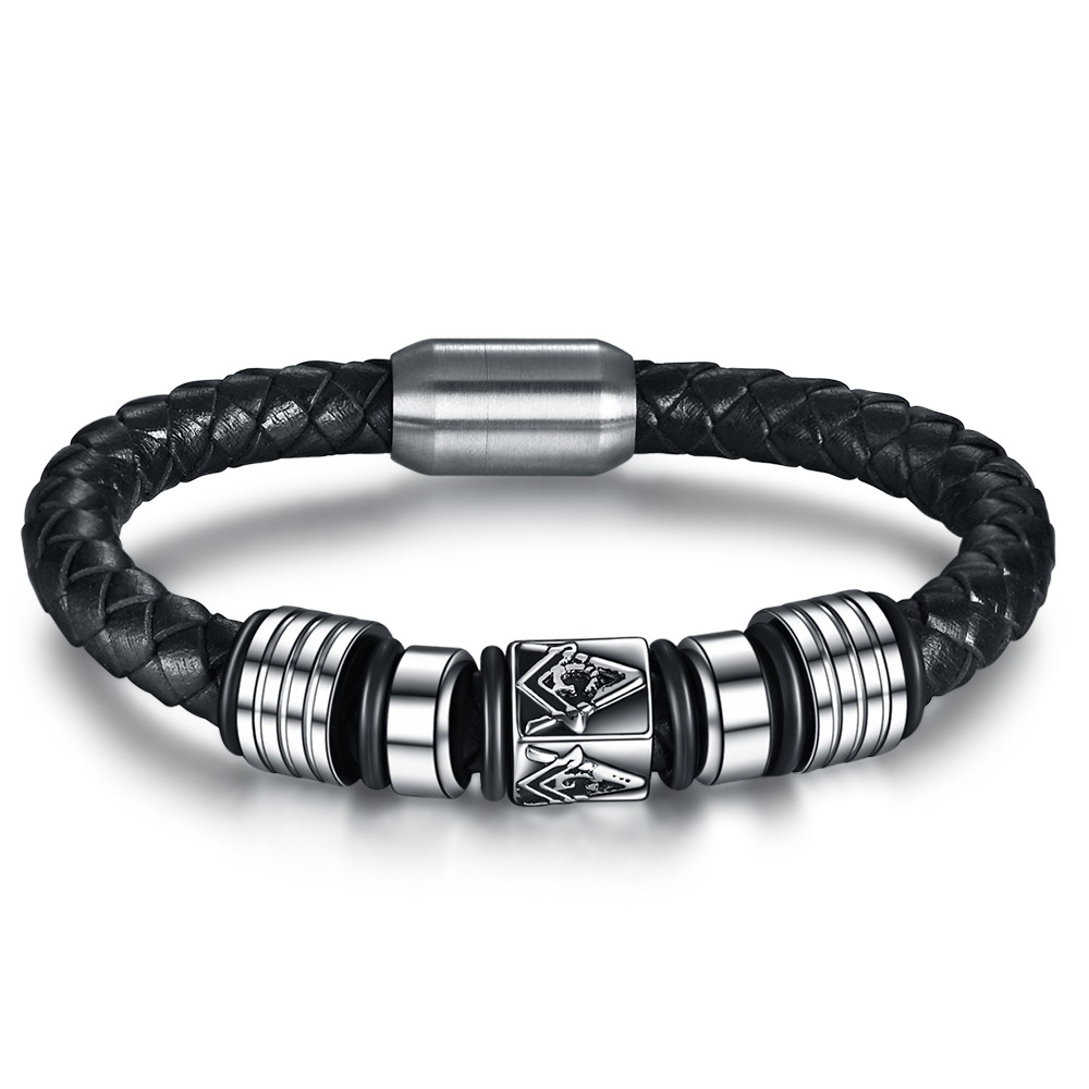 Black Leather Masonic Bracelet / Stainless Steel Magnet Bangle / and Jewelry