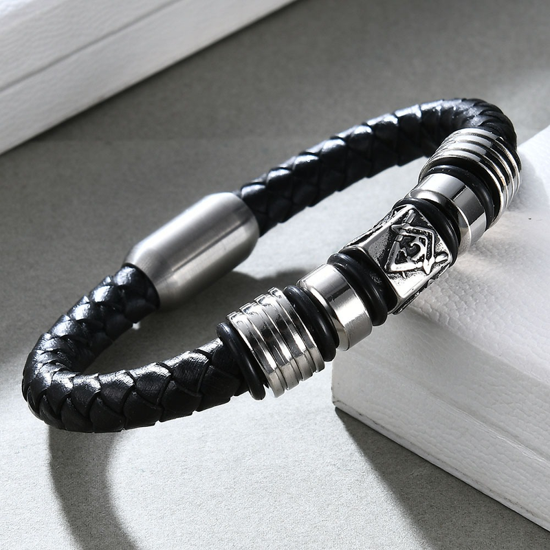 Black Leather Masonic Bracelet / Stainless Steel Magnet Bangle / and Jewelry