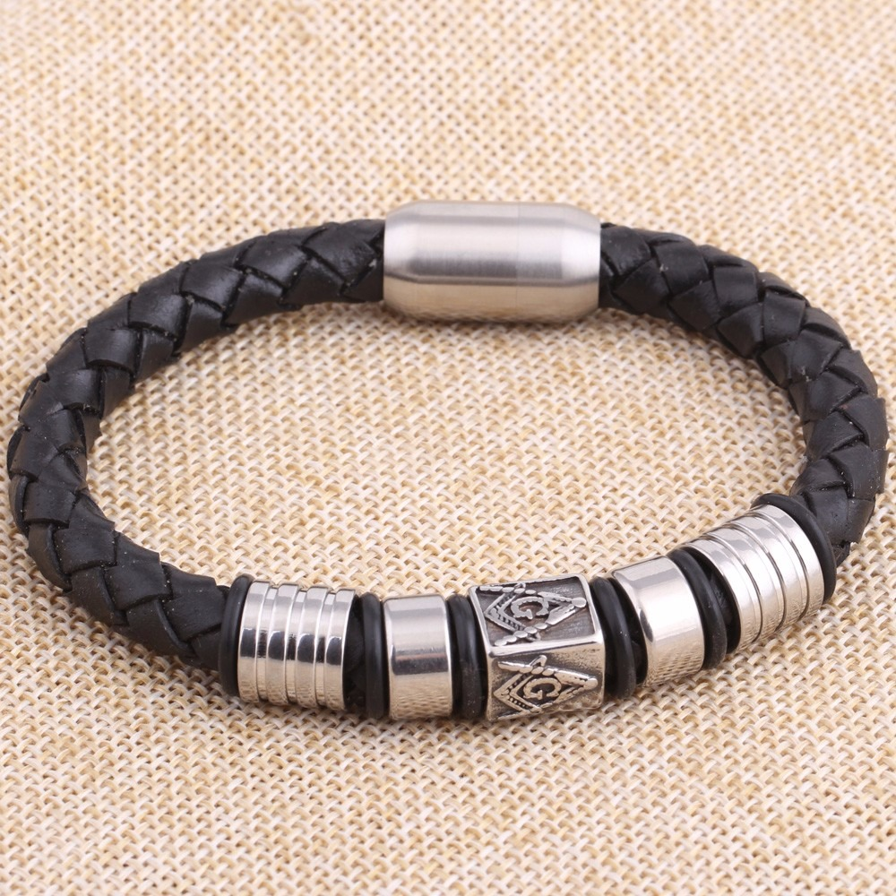 Black Leather Masonic Bracelet / Stainless Steel Magnet Bangle / and Jewelry