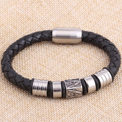 Black Leather Masonic Bracelet / Stainless Steel Magnet Bangle / and Jewelry