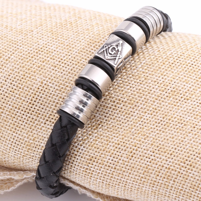 Black Leather Masonic Bracelet / Stainless Steel Magnet Bangle / and Jewelry