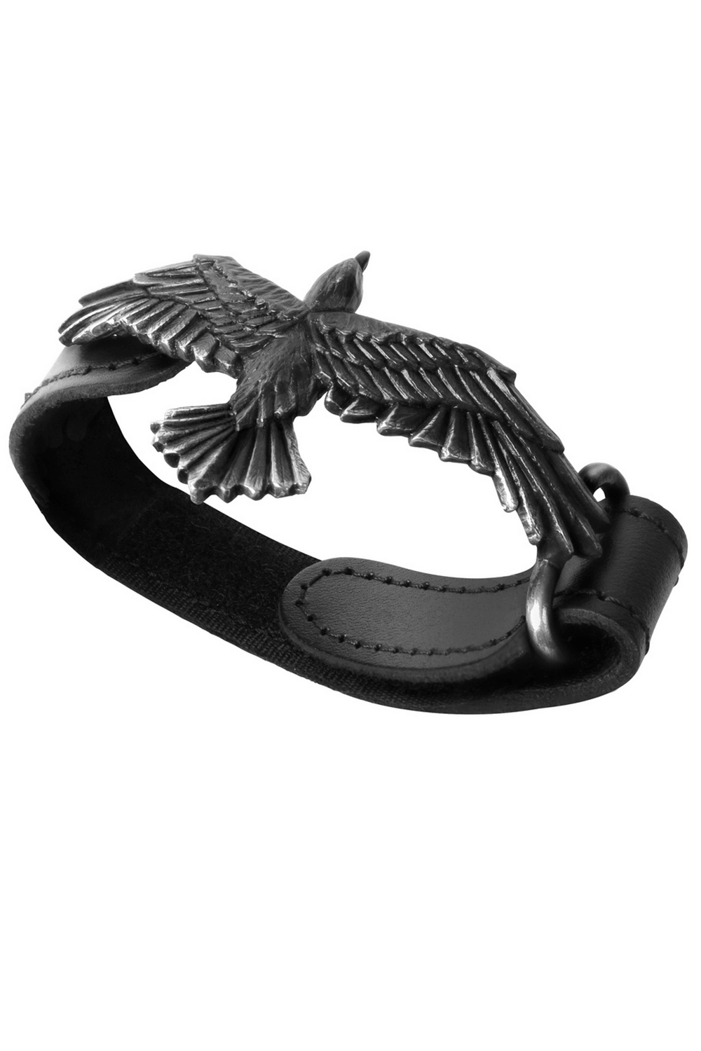 Black Leather Wristband With Pewter Raven Charm