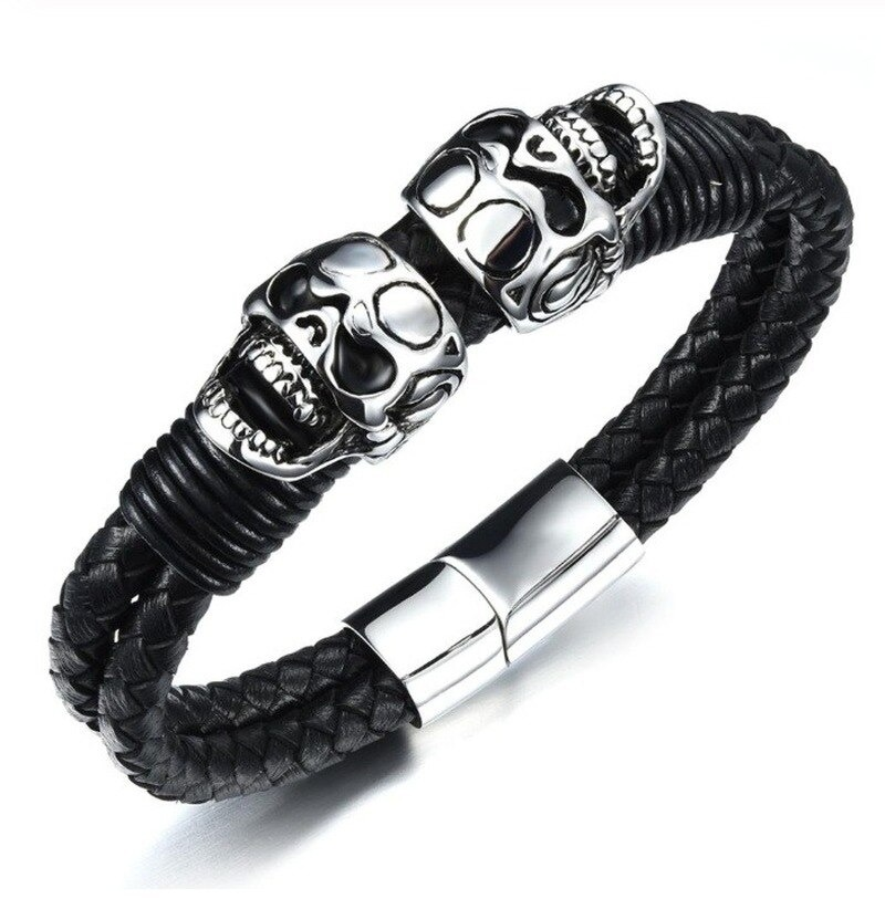 Black Braided Rope Leather Bracelet With Stainless Steel Skulls / Punk Rock Style Male Jewelry