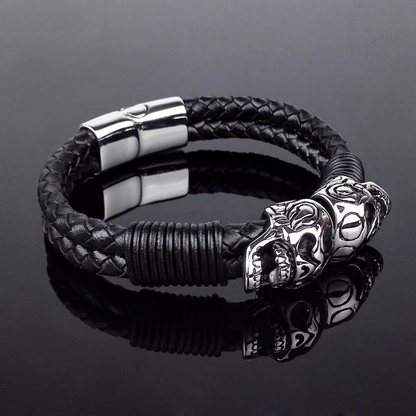 Black Braided Rope Leather Bracelet With Stainless Steel Skulls / Punk Rock Style Male Jewelry