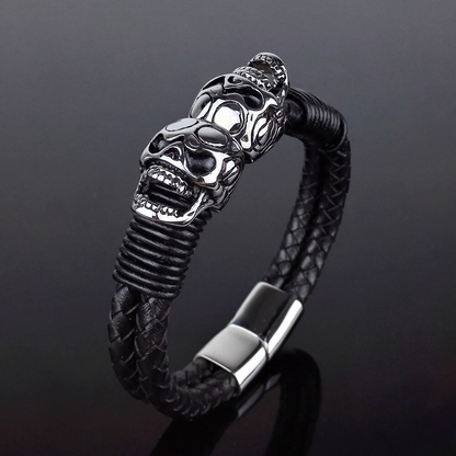 Black Braided Rope Leather Bracelet With Stainless Steel Skulls / Punk Rock Style Male Jewelry