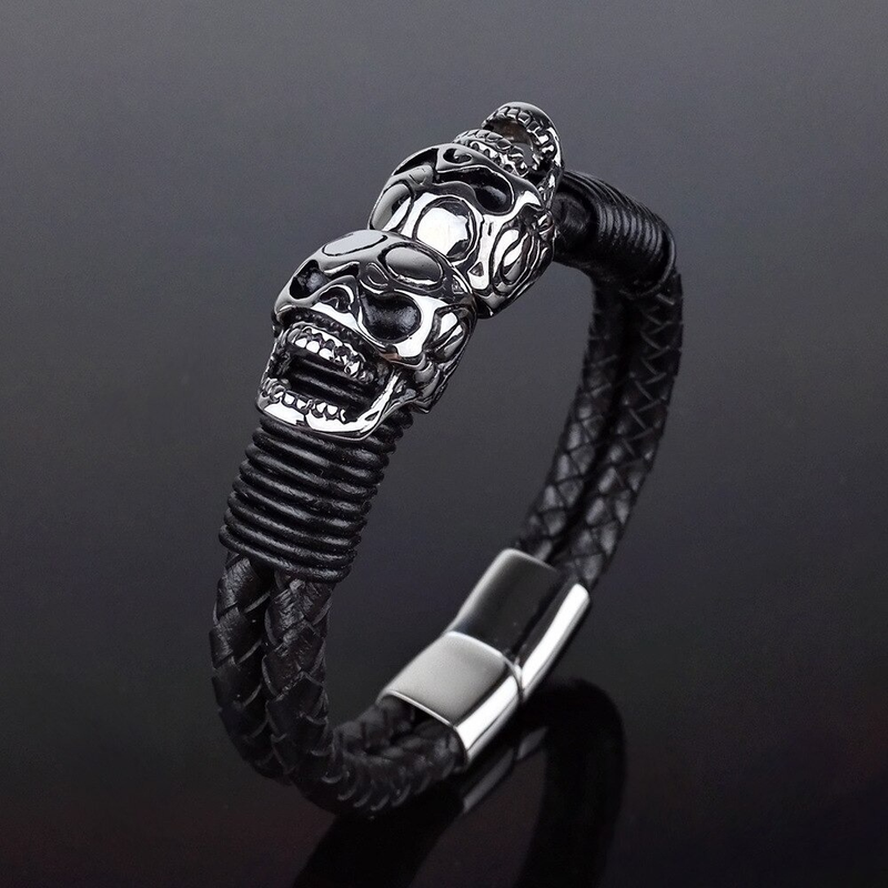 Black Braided Rope Leather Bracelet With Stainless Steel Skulls / Punk Rock Style Male Jewelry