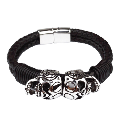 Black Braided Rope Leather Bracelet With Stainless Steel Skulls / Punk Rock Style Male Jewelry