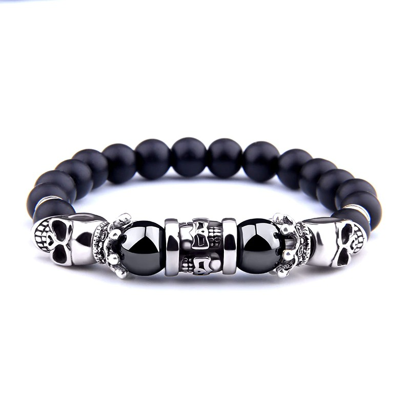 Black Onyx Stone Antique Skull Head Bracelet / Metal Bracelets of Beaded for and