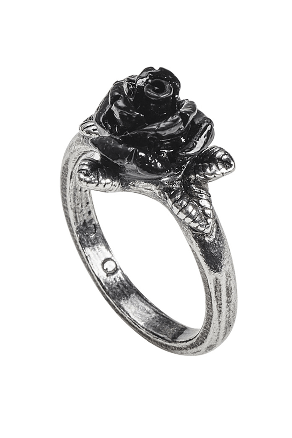 Black Resin Rose Gothic Ring With Pewter Leaves Accent