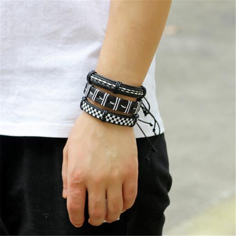 Black & White Leather Bracelet in Rock Style & Braided Rope Wristband Set of 6 Pcs