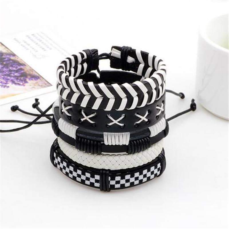 Black & White Leather Bracelet & Wristband in Rock Style Set of 5 Pcs