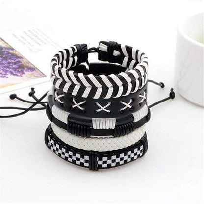 Black & White Leather Bracelet & Wristband in Rock Style Set of 5 Pcs
