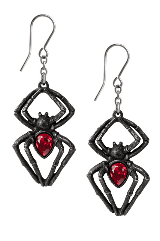 Black Widow Spider Earrings With Red Austrian Crystals