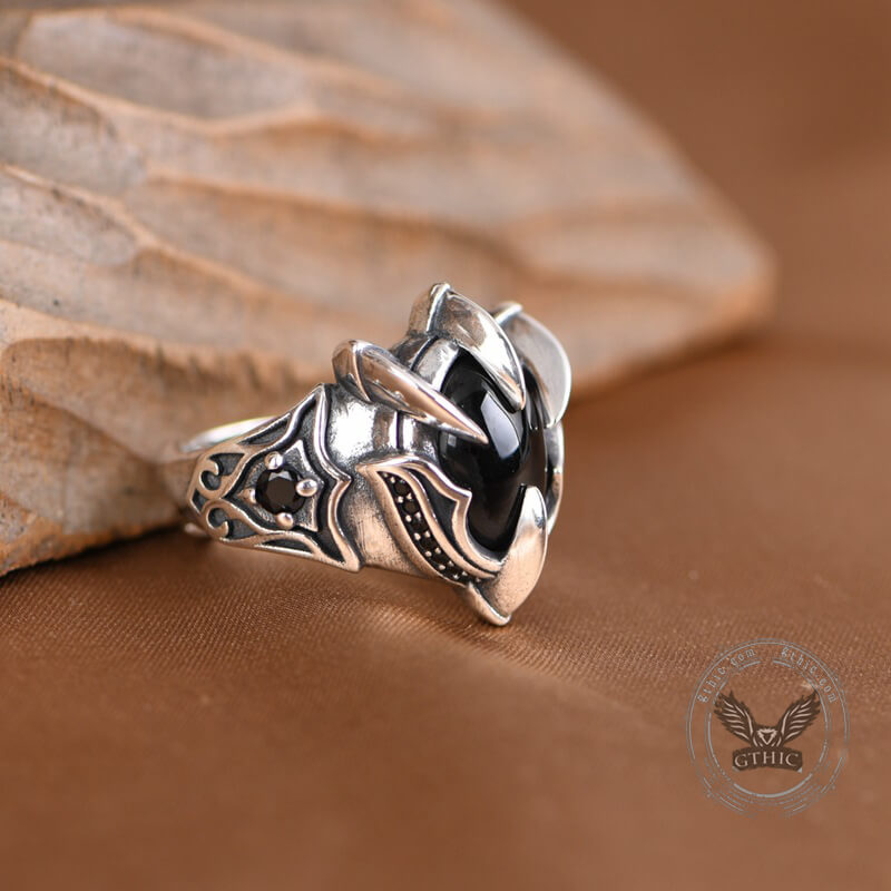 Black Agate Dragon Claw Sterling Silver Open Ring