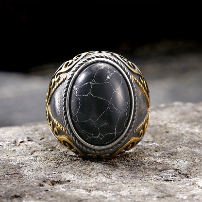 Black Crack Turquoise Patterned Stainless Steel Ring